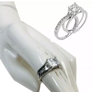 Solid 14k White Gold Bridal Set Princess Cut Solitaire Engagement Wedding Ring